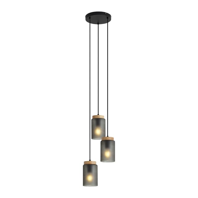 QAZQA Moderne Hängelampe Schwarz mit Holz und MattGrauem Glas 3 Flammig Umbra