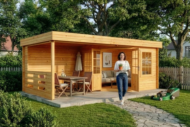Alpholz Gartenhaus Hanna Gartenhaus Aus Holz In Pinie, Holzhaus Mit 34 Mm Wandstärke Inklusive Terrasse, Blockbohlenhaus Mit Montagematerial