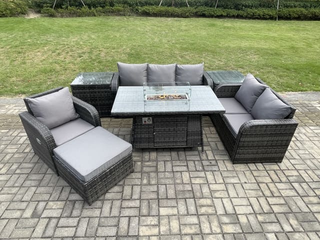 Polyrattan Gartenmöbel Set Garten Sofa Im Freien Gasfeuerstelle Esstisch Und Sofa Sessel Set Mit 2 Beistelltischen 2 Großer Hockern - Fimous