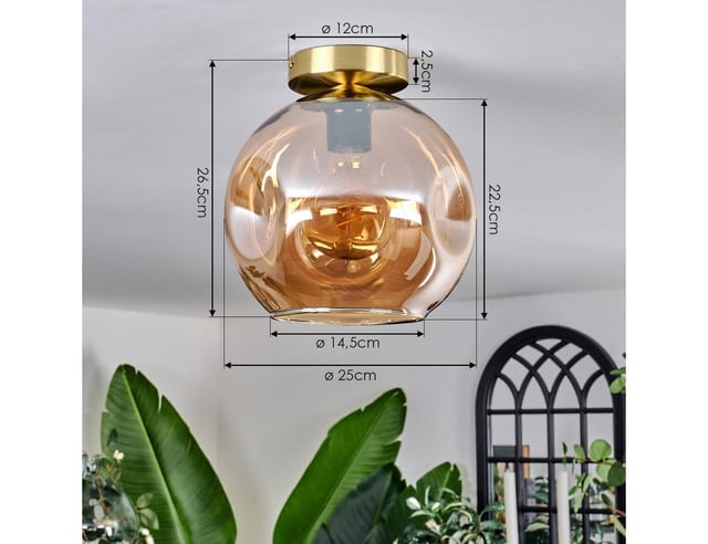 hofstein Deckenleuchte Deckenlampe aus Metall/Glas in Schwarz/Goldfarben/Bernsteinfarben, ohne Leuchtmittel, moderne Leuchte mit Schirm aus Glas (25cm), 1xE27, ohne Leuchtmittel
