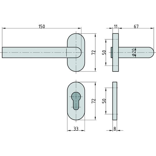 BASI Türbeschlag 1/2 PZ Schmalrahmen-Garnitur aus Edelstahl (Packung), Türbeschlag mit L-Drücker, ovale Rosette, ohne Schrauben, PZ-Lochung