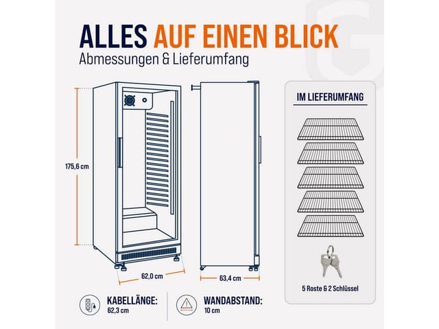 GastroHero Getränkekühlschrank GKSE360 Getränkekühlschrank 360 Liter Glastür LED schwarz Gastro, 175.2 cm hoch, 62 cm breit
