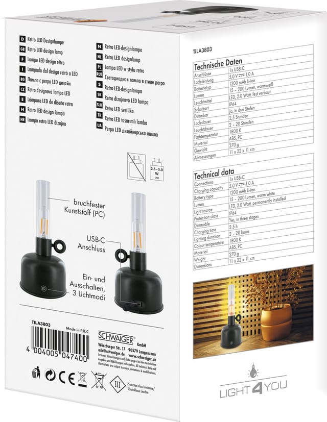 Schwaiger Akku LED Retro Tischlampe TILA3803 schwarz