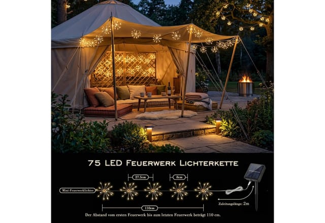 Salcar LED Solarleuchte LED Feuerwerk-Lichterkette Außen Solar Gartenleuchte Weihnachtsdeko, 5 Feuerwerk-Lichterkette 75 LED, 8 Modi