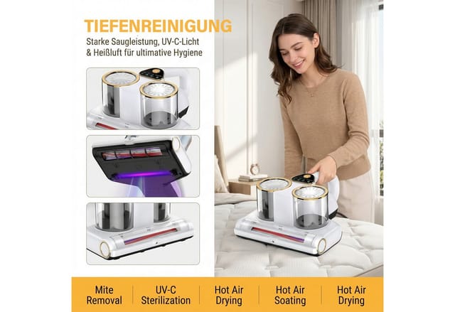AKKEE Matratzenreinigungsgerät Milbensauger für Matratzen, Milbensauger mit UV-Licht 16KPA Absaugung, 500 W, entfernt 99,9% Bakterien, Staub-Milben, Allergene
