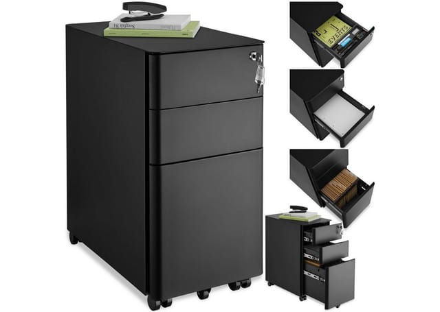 tectake® Aktenrollschrank, aus pulverbeschichtetem Stahl, herausnehmbarer Einsatz für Schreibutensilien, 30 x 50 x 59,5 cm
