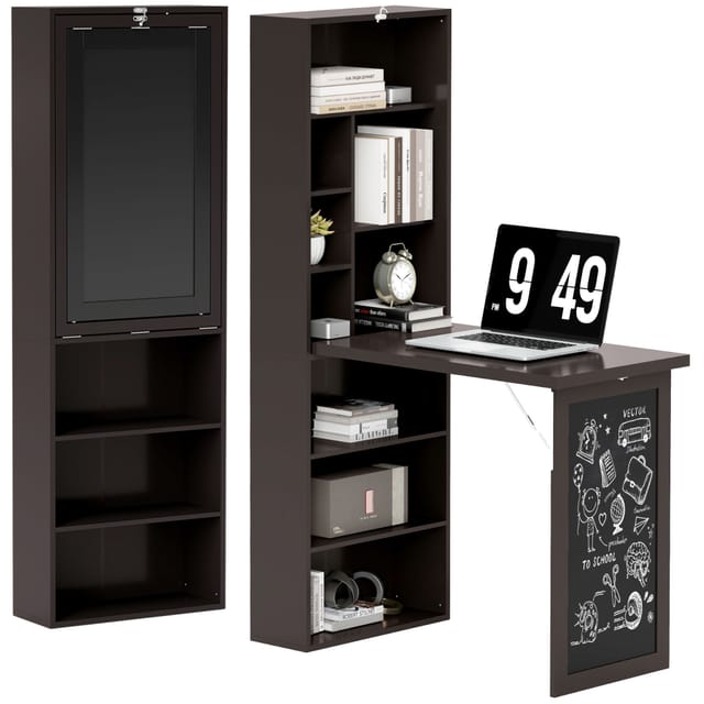 Wandmontierter Klapptisch Mit Bücherregal, Tafel Und Verstellbarem Regalboden