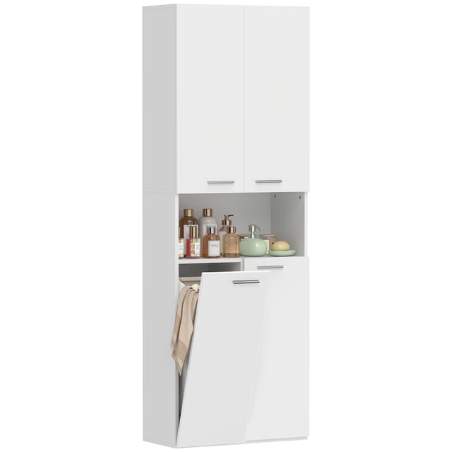 Badezimmerschrank Mit 2 Türen, Klappbarem Wäschekorb Und Offenem Fach, 60 X 30 X 174 Cm, Holz, Weiß