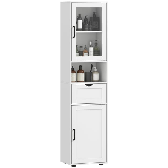 Badezimmerschrank Aus Holz Mit 2 Schränken, Schublade Und Offenem Regal, 40 X 30 X 165 Cm, Weiß