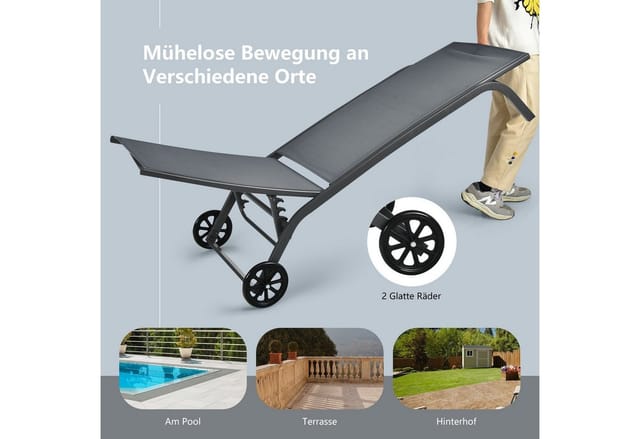 Costway Sonnenliege, Liegestuhl Mit Raedern, Schnell Trocknendem Stoff Und Rückenlehne Verstellbar, Bis 150 Kg Belastbar, Outdoor-liege Für Pool Und Garten, 61 X 190,5 X 29,5 Cm (grau)