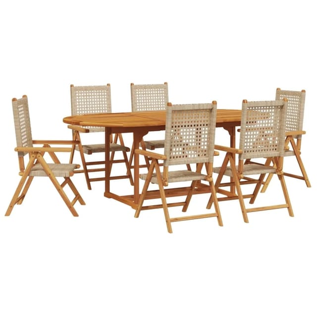 7-tlg. Garten-essgruppe Poly Rattan Und Massivholz Beige Vidaxl