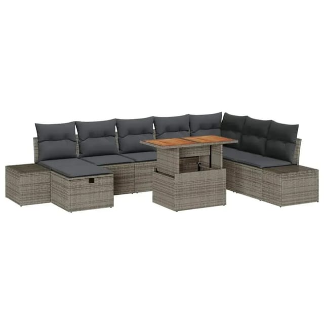 vidaXL Garten-Sofa-Set mit Speicher 9-Tlg Grau Poly Rattan 3361398