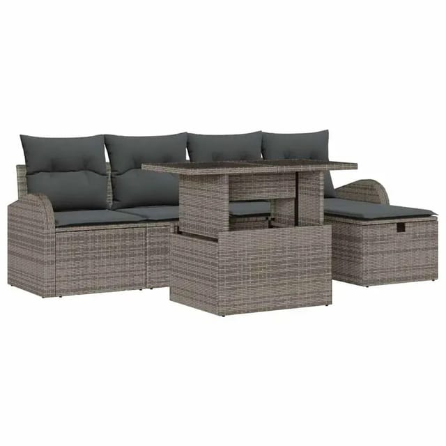 vidaXL Garten-Sofa-Set mit Kissen mit Speicher 6-Tlg Grau Poly Rattan 3359746