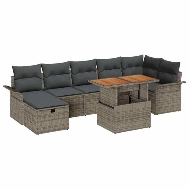 vidaXL Garten-Sofa-Set mit Kissen mit Speicher 8-Tlg Grau Poly Rattan 3359919