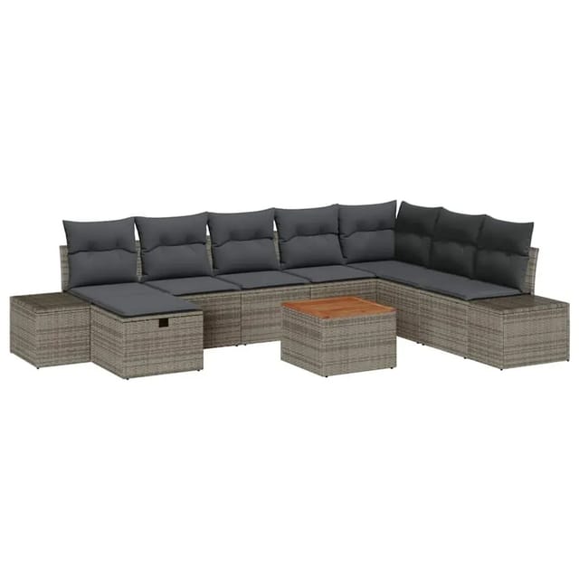 vidaXL Garten-Sofa-Set mit Kissen mit Speicher 9-Tlg Grau Poly Rattan 3360940