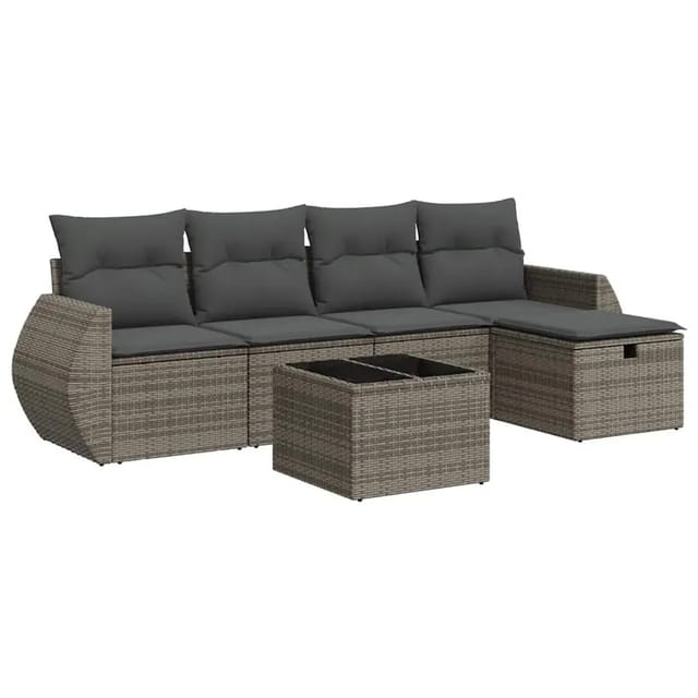 vidaXL 6-Tlg Garten-Sofagarnitur mit Kissen Grau Poly Rattan 3325576