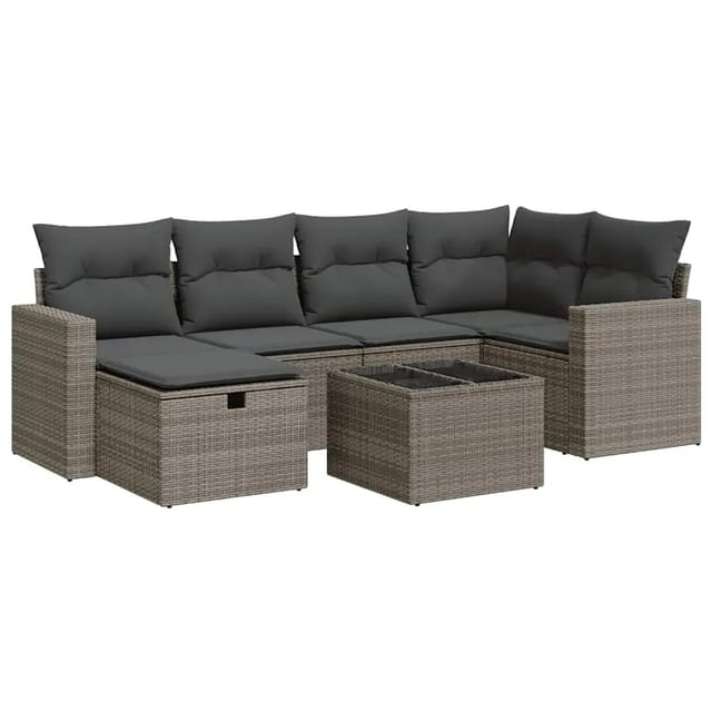 vidaXL 7-Tlg Garten-Sofagarnitur mit Kissen Grau Poly Rattan 3325396