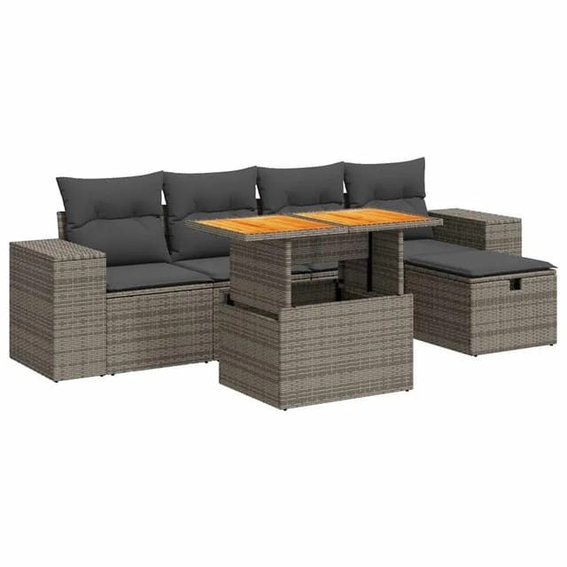 vidaXL 6-Tlg Garten-Sofagarnitur mit Kissen Grau Poly Rattan Akazie 3328082