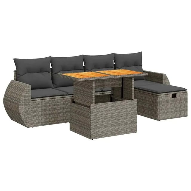 vidaXL 6-Tlg Garten-Sofagarnitur mit Kissen Grau Poly Rattan Akazie 3328054
