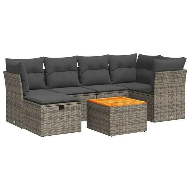 vidaXL 7-Tlg Garten-Sofagarnitur mit Kissen Grau Poly Rattan 3325763