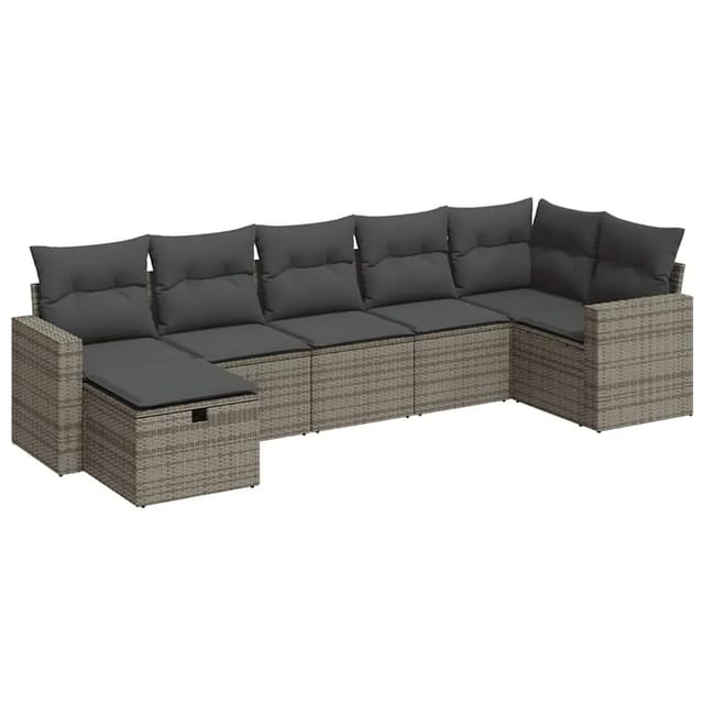 vidaXL 7-Tlg Garten-Sofagarnitur mit Kissen Grau Poly Rattan 3325406