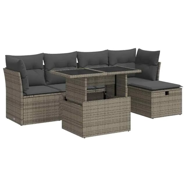vidaXL 6-Tlg Garten-Sofagarnitur mit Kissen Grau Poly Rattan 3327770