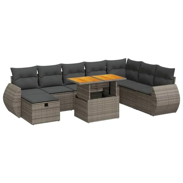 vidaXL 9-Tlg Garten-Sofagarnitur mit Kissen Grau Poly Rattan Akazie 3328075