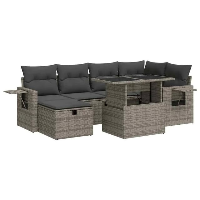 vidaXL 7-Tlg Garten-Sofagarnitur mit Kissen Grau Poly Rattan 3327860