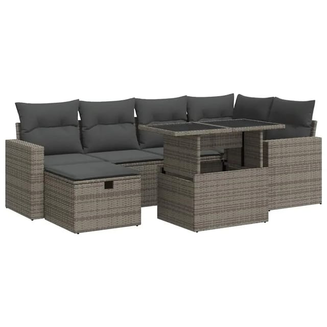 vidaXL 7-Tlg Garten-Sofagarnitur mit Kissen Grau Poly Rattan 3327820