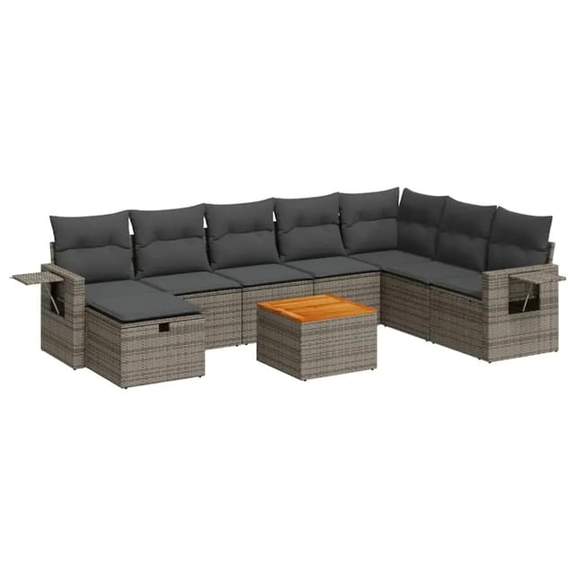 vidaXL 9-Tlg Garten-Sofagarnitur mit Kissen Grau Poly Rattan 3325833