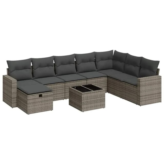 vidaXL 9-Tlg Garten-Sofagarnitur mit Kissen Grau Poly Rattan 3325446