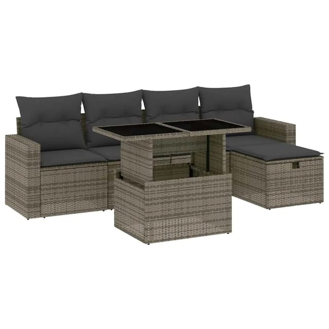 vidaXL 6-Tlg Garten-Sofagarnitur mit Kissen Grau Poly Rattan 3274810