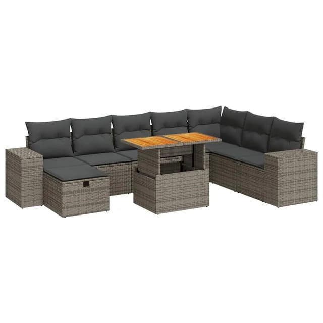 vidaXL 9-Tlg Garten-Sofagarnitur mit Kissen Grau Poly Rattan Akazie 3328103