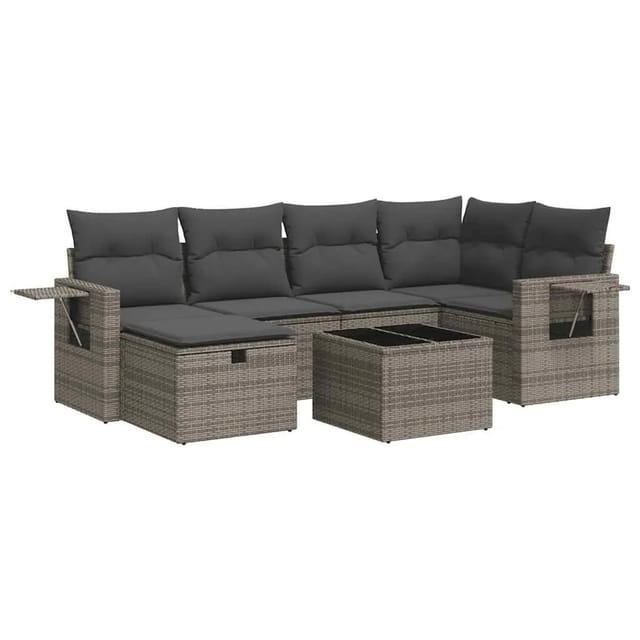 vidaXL 7-Tlg Garten-Sofagarnitur mit Kissen Grau Poly Rattan 3325496