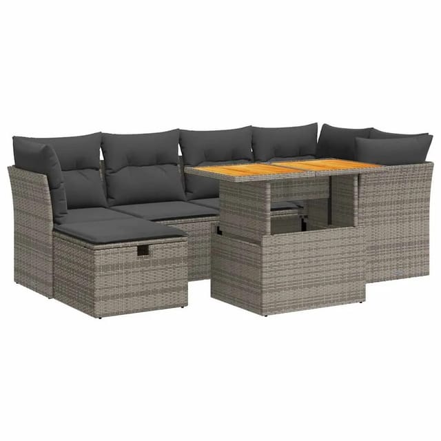 vidaXL 7-Tlg Garten-Sofagarnitur mit Kissen Grau Poly Rattan Akazie 3327977