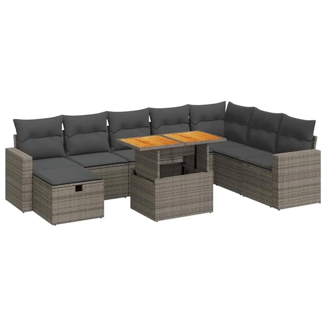 vidaXL 9-Tlg Garten-Sofagarnitur mit Kissen Grau Poly Rattan Akazie 3328019
