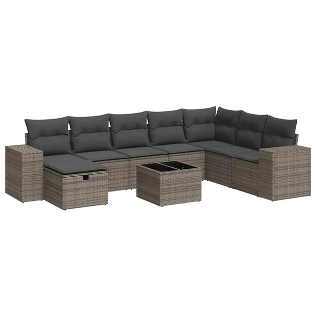 vidaXL 9-Tlg Garten-Sofagarnitur mit Kissen Grau Poly Rattan 3325746