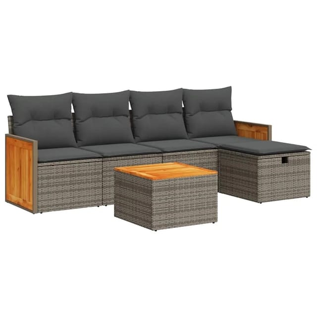 vidaXL 6-Tlg Garten-Sofagarnitur mit Kissen Grau Poly Rattan 3326022