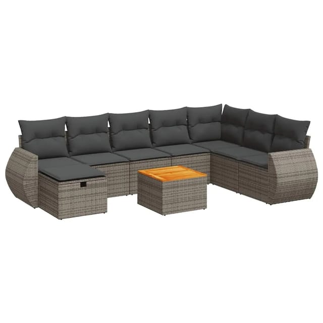 vidaXL 9-Tlg Garten-Sofagarnitur mit Kissen Grau Poly Rattan 3325861
