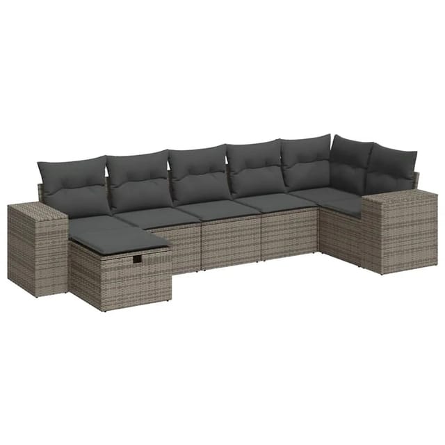vidaXL 7-Tlg Garten-Sofagarnitur mit Kissen Grau Poly Rattan 3325706