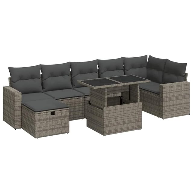 vidaXL 8-Tlg Garten-Sofagarnitur mit Kissen Grau Poly Rattan 3327830