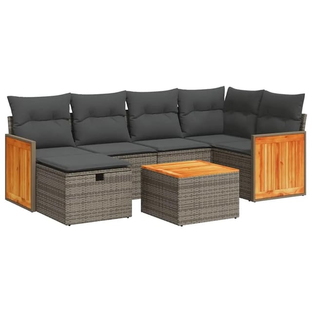 vidaXL 7-Tlg Garten-Sofagarnitur mit Kissen Grau Poly Rattan 3326036