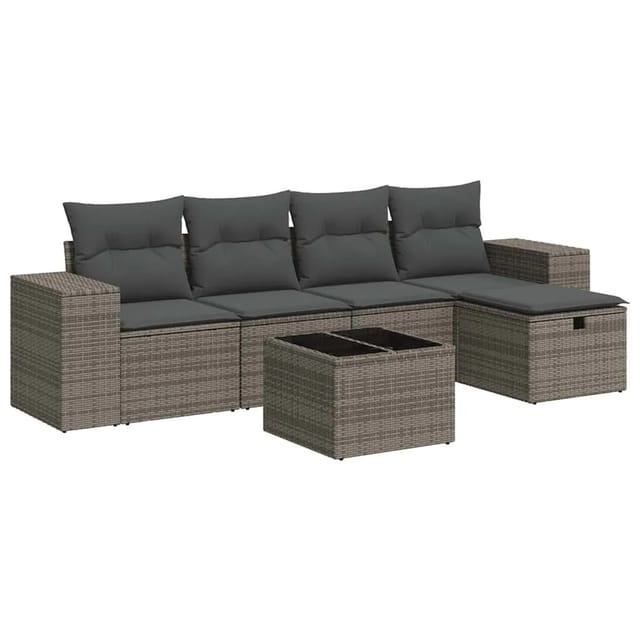 vidaXL 6-Tlg Garten-Sofagarnitur mit Kissen Grau Poly Rattan 3325676