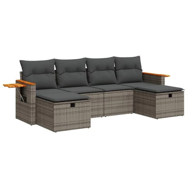 vidaXL 6-Tlg Garten-Sofagarnitur mit Kissen Grau Poly Rattan 3326001