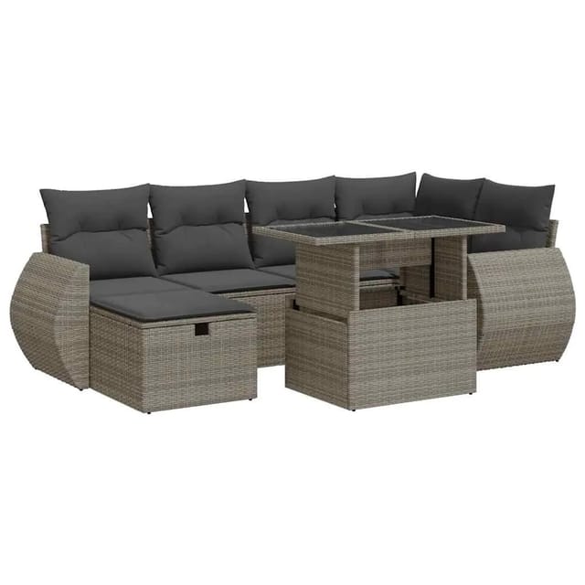 vidaXL 7-Tlg Garten-Sofagarnitur mit Kissen Grau Poly Rattan 3327900