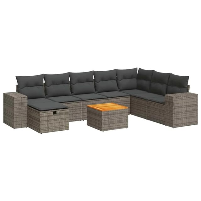 vidaXL 9-Tlg Garten-Sofagarnitur mit Kissen Grau Poly Rattan 3325889