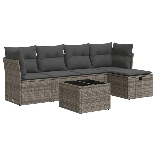vidaXL 6-Tlg Garten-Sofagarnitur mit Kissen Grau Poly Rattan 3325276