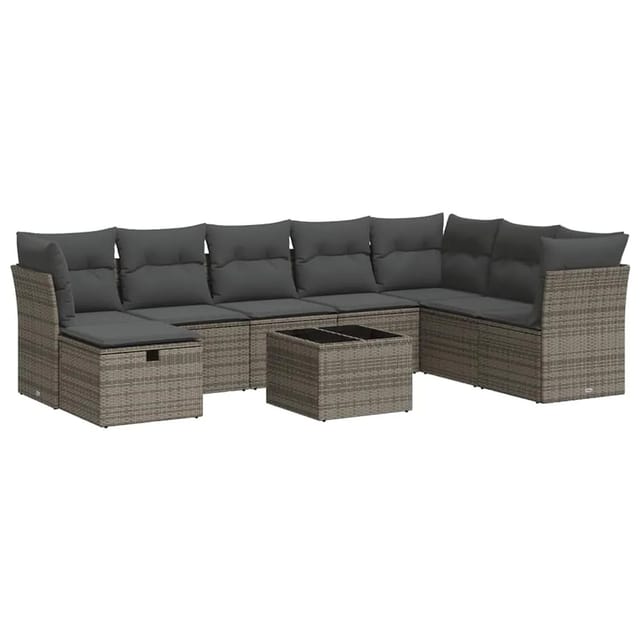 vidaXL 9-Tlg Garten-Sofagarnitur mit Kissen Grau Poly Rattan 3325346