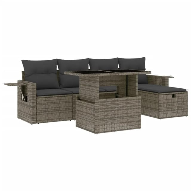 vidaXL 6-Tlg Garten-Sofagarnitur mit Kissen Grau Poly Rattan 3274970
