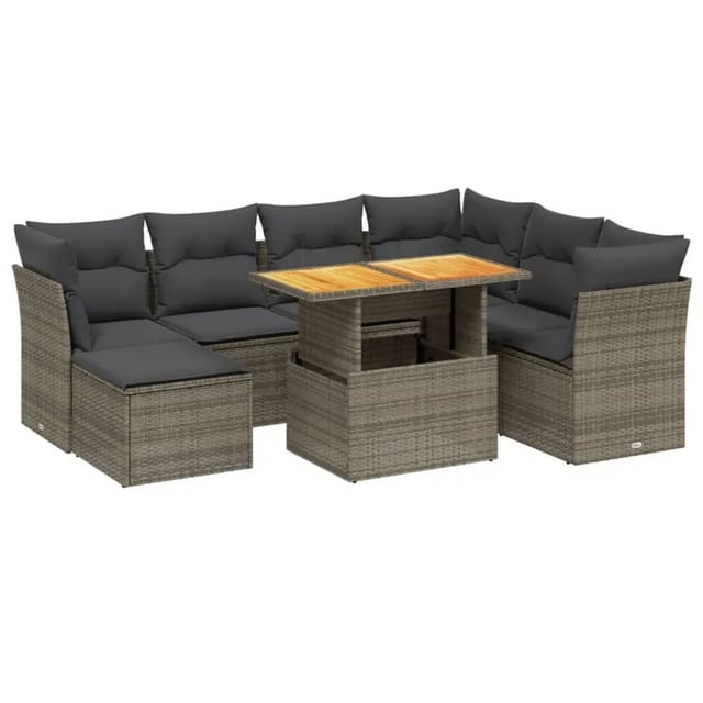 vidaXL 8-Tlg Garten-Sofagarnitur mit Kissen Grau Poly Rattan 3275496